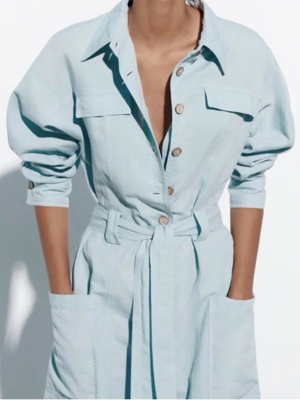 ZARA WIDE LINEN BLEND CARGO JUMPSUIT
